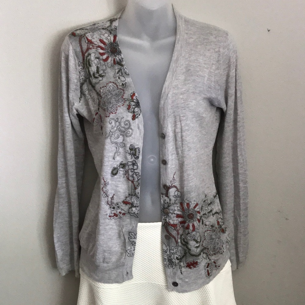 Gray cardigan with beautiful, whimsical stitching